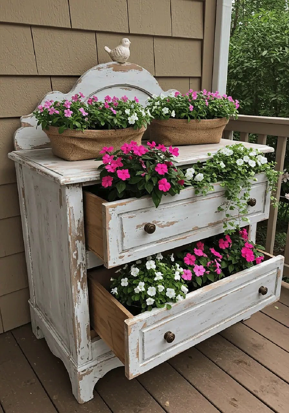 25 Pretty Porch Planters That Boost Curb Appeal include this chippy white chest of drawers filled with Vinca.