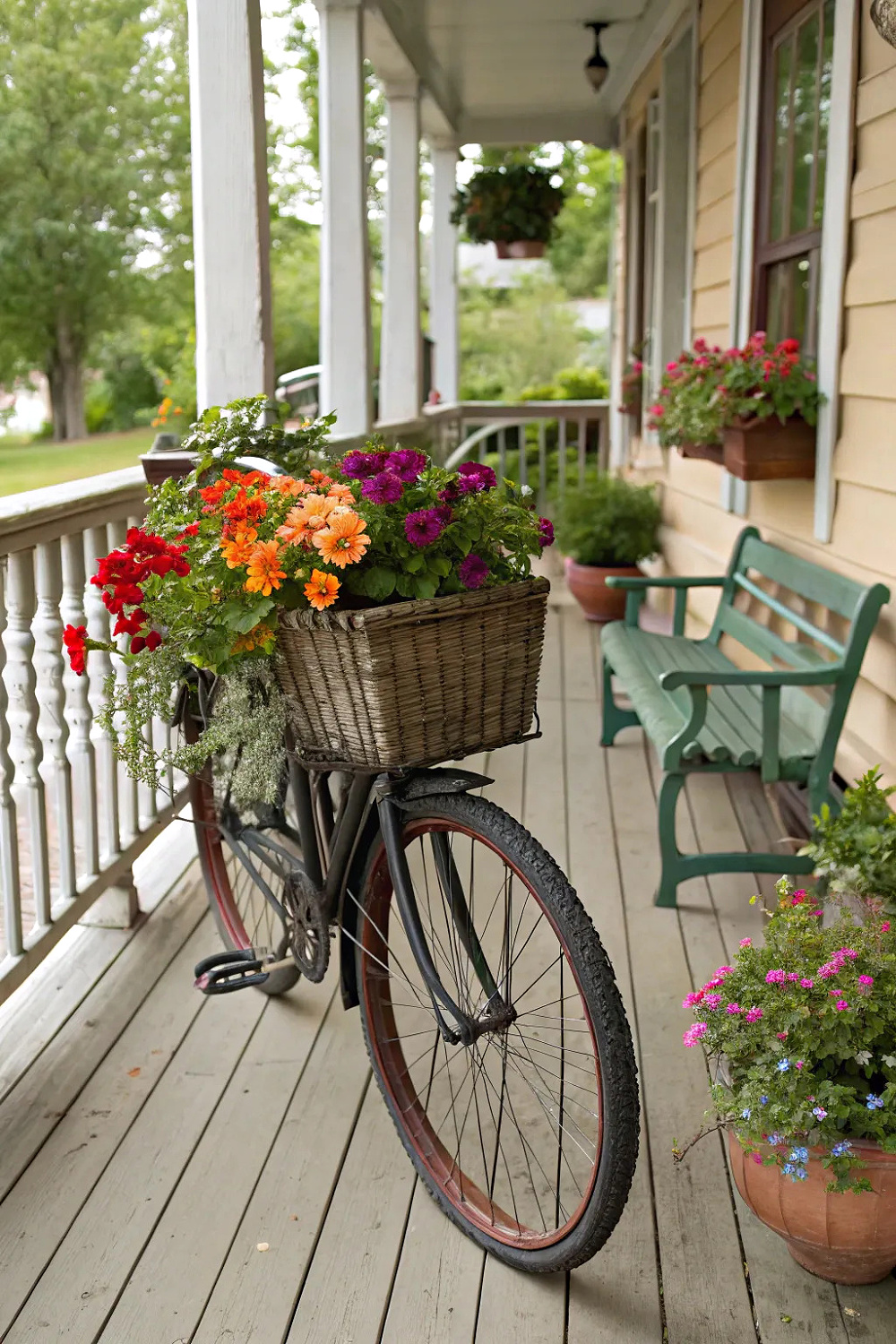25 Pretty Porch Planters That Boost Curb Appeal include this vintage bicycle with a basket attached with colorful flowers.