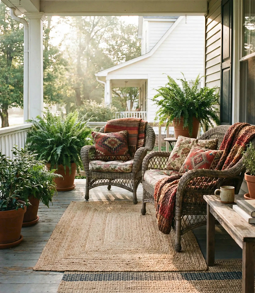 Wicker furniture with Boston ferns in pots. 