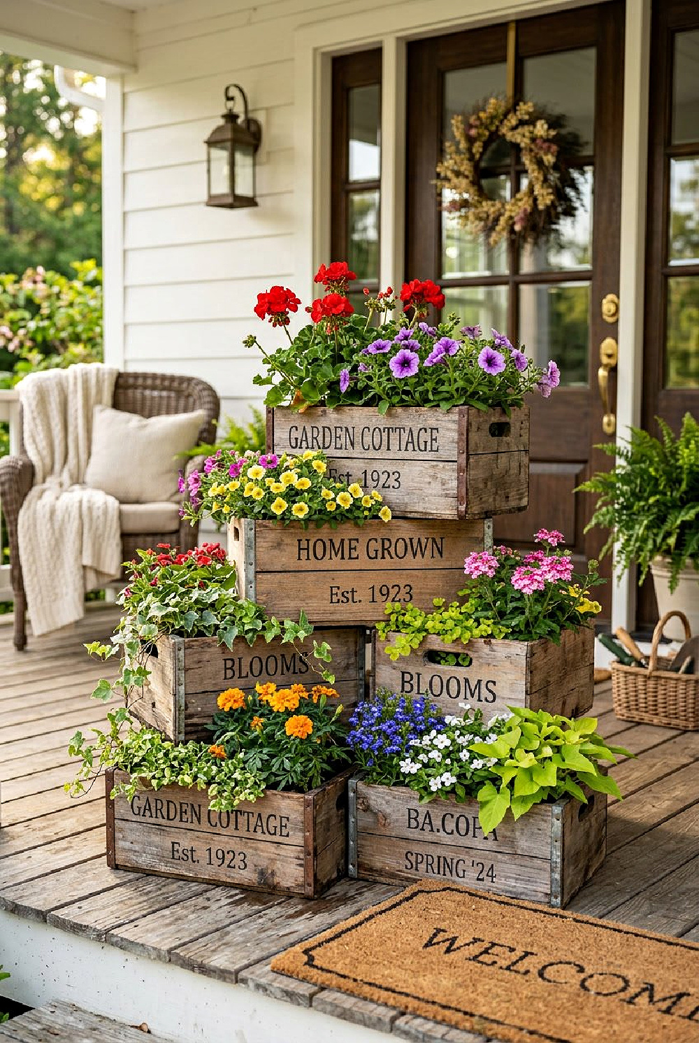 Vintage boxes layered on the porch with various colored flowers, and a Boston fern off to the side.
