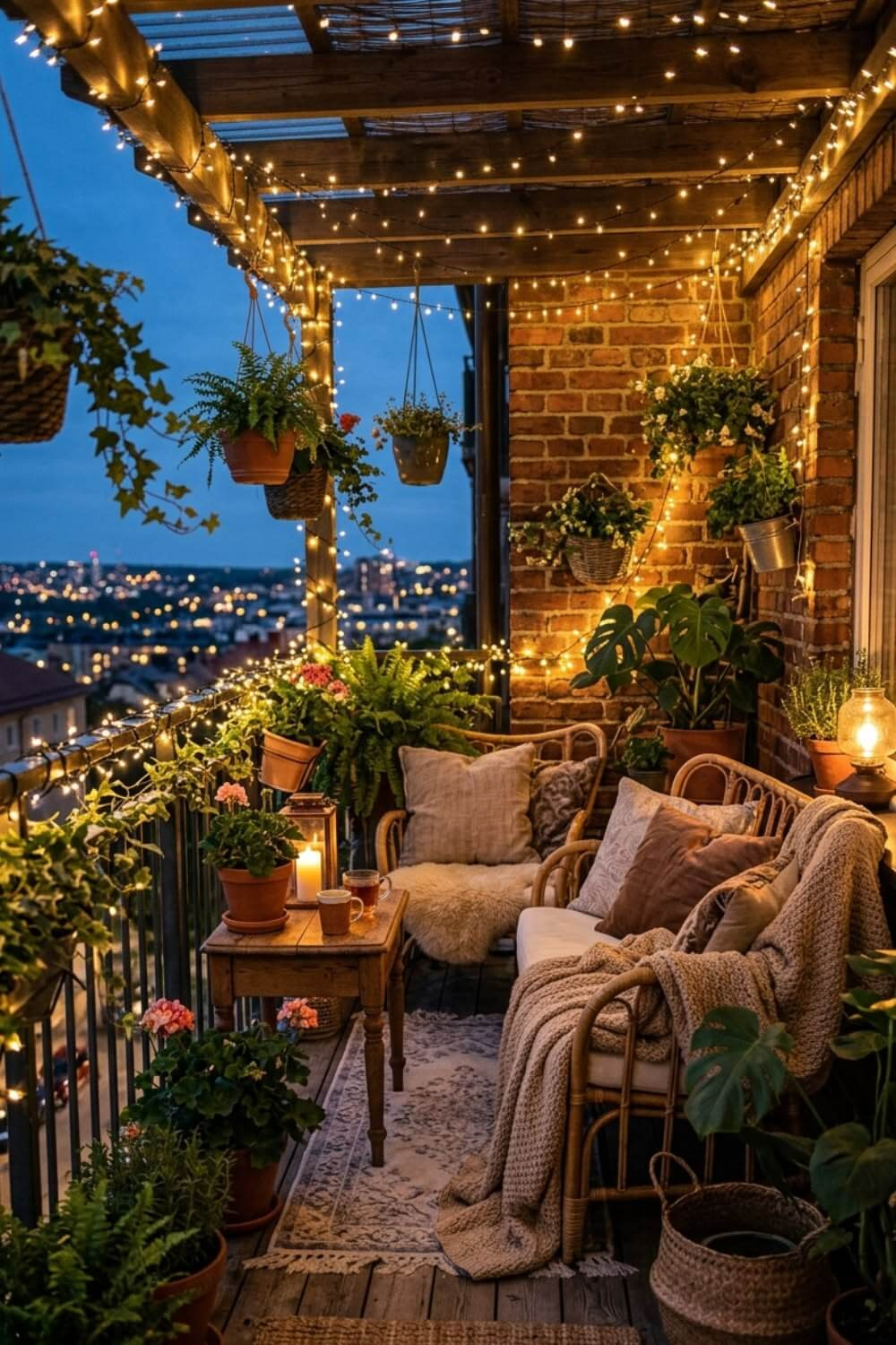 Turn your balcony into paradise with an evening setting with rattan furniture and houseplants.