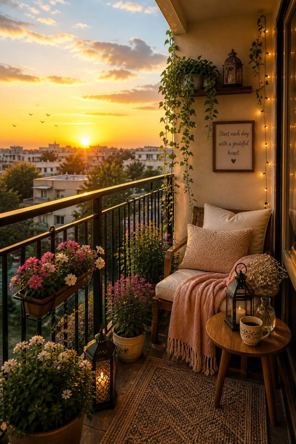 The sun setting over a balcony with flowers, a table with a beverage, and a wooden chair with pillows.
