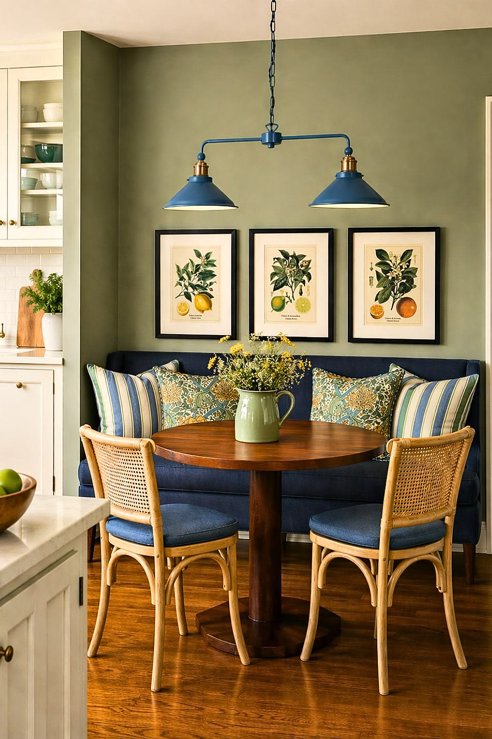 How to create a cozy breakfast nook with this navy blue upholstered bench with a round wooden table. Across from that are two rattan chairs with navy cushions.