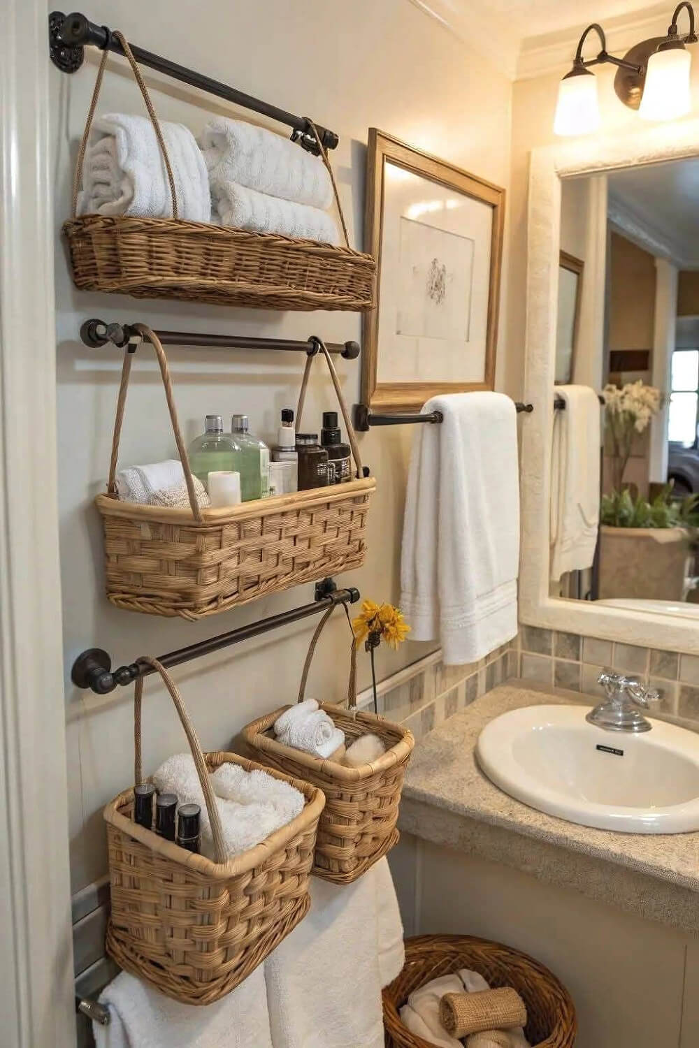 In 26 Bathroom Storage Ideas for Small Spaces, this is hanging baskets from the wall.