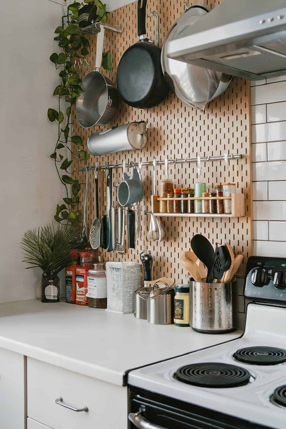Using pegboard on the wall for vertical storage.