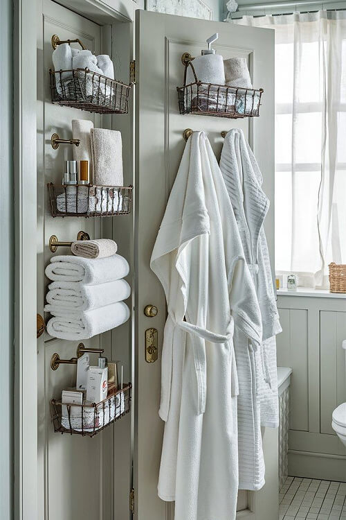Hooks in the wall hold bathrobes.