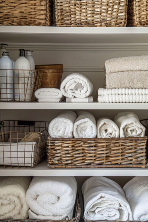 In 26 Bathroom Storage Ideas for Small Spaces, white shelves stores towels, etc.