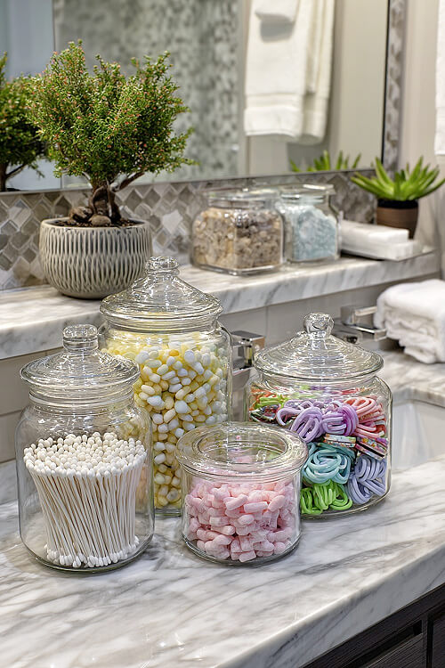 In 26 Bathroom Storage Ideas for Small Spaces, use clear glass jars for smaller bathroom items.