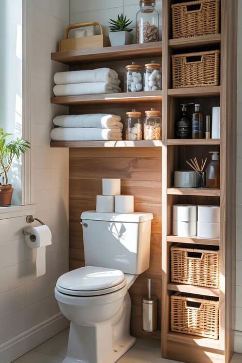 Wooden shelves built around the toilet to store towels and other bathroom items.