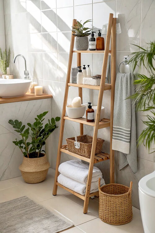 In 26 Bathroom Storage Ideas for Small Spaces, use a vertical ladder to sort things.