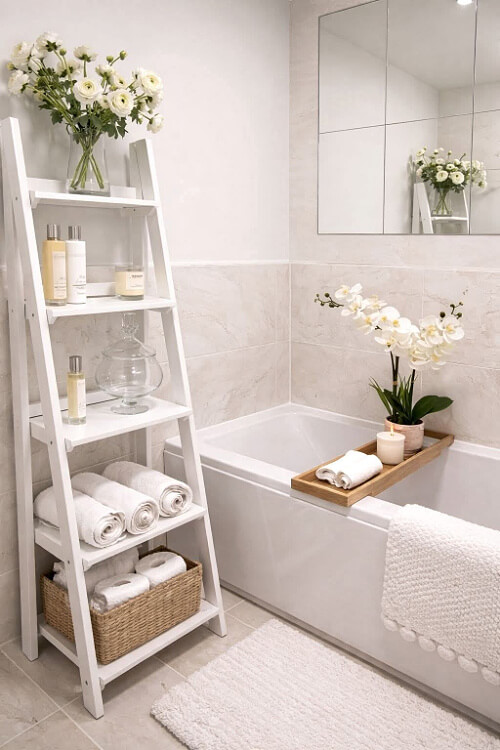 A leaning wooden ladder for storage.