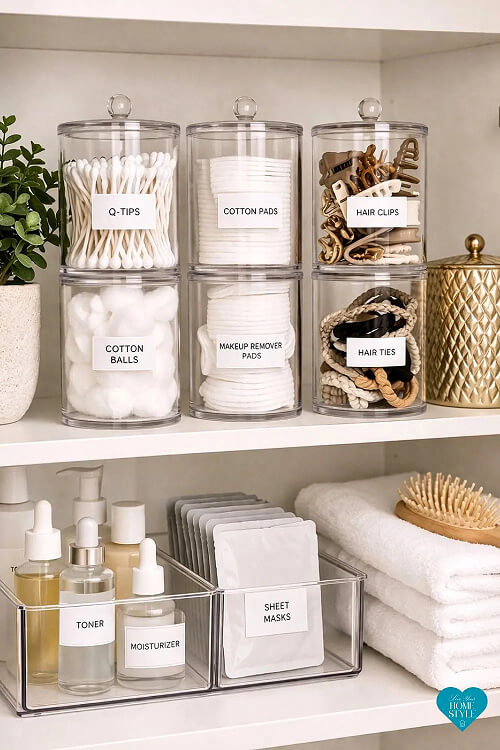 In 26 Bathroom Storage Ideas for Small Spaces, use clear plastic jars to store cottons pads, etc.
