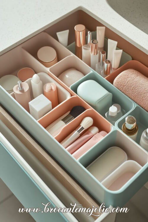 In 26 Bathroom Storage Ideas for Small Spaces, this is organized plastic boxes to fit inside the bathroom drawer.