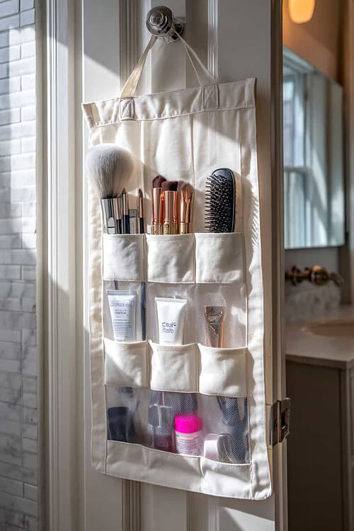 In 26 Bathroom Storage Ideas for Small Spaces, use an over the door system to hold items in the pockets.