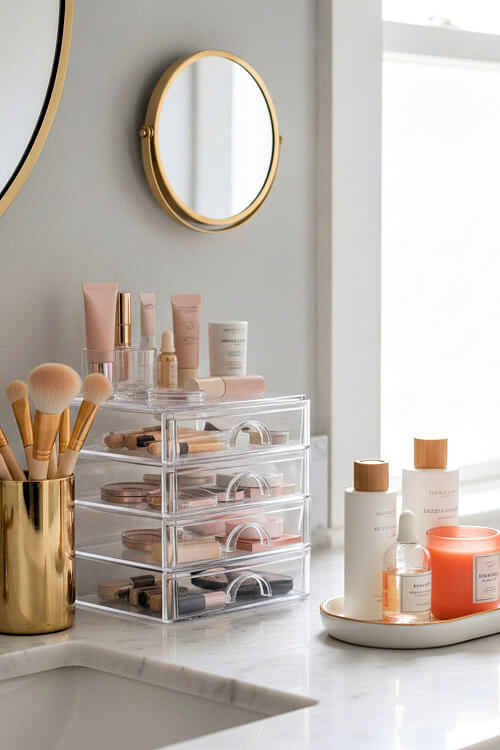 Clear stacked drawers on the countertop.