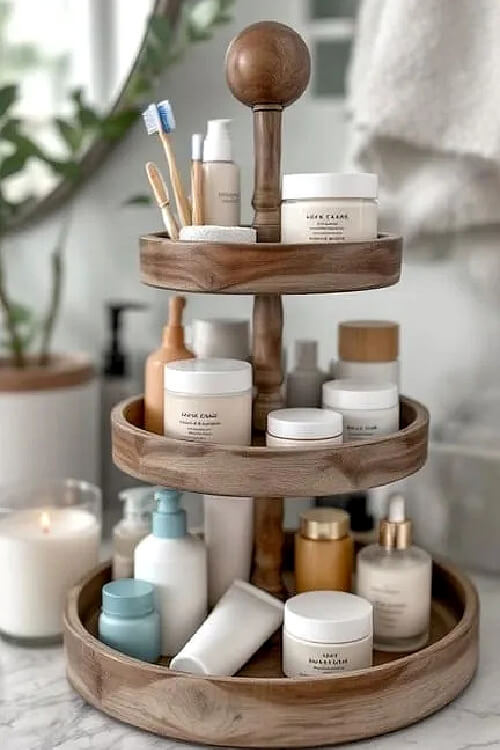In 26 Bathroom Storage Ideas for Small Spaces use a wooden tiered piece to corral makeup.