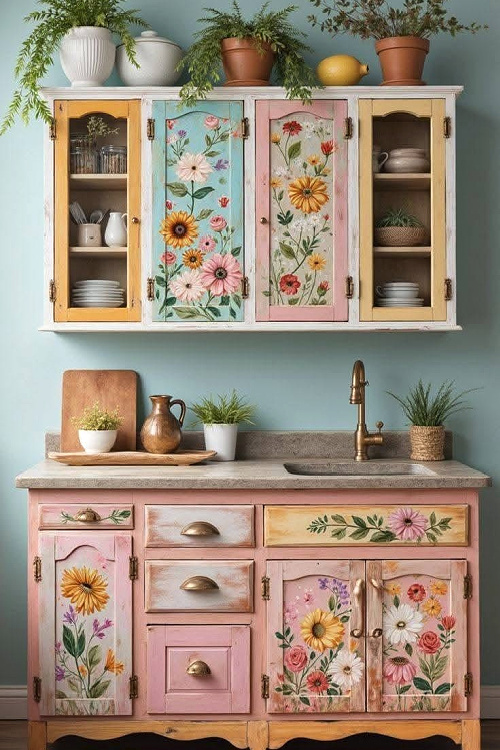 An artistically painted sink area with cabinets hung above it.