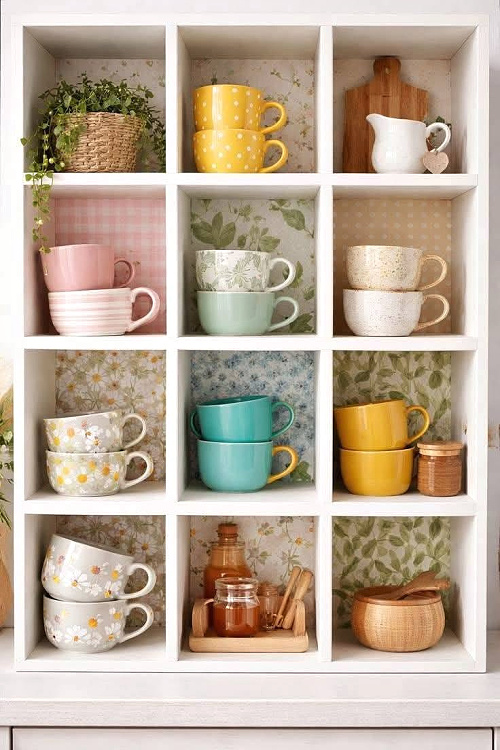 25 Ideas to Organize a Small Kitchen with No Cabinets is to use cubbies to hold mugs.