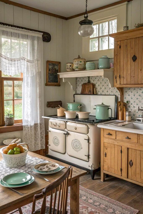 25 Ideas to Organize a Small Kitchen with No Cabinets is to use a wooden cupboard next to the vintage stove.