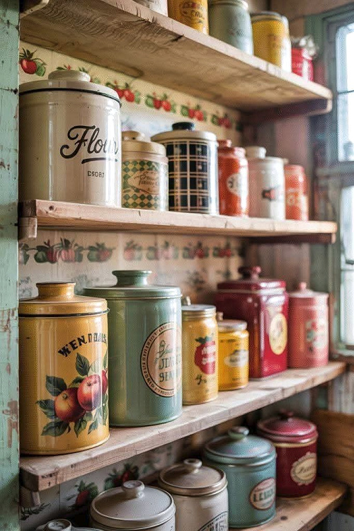 Vintage tins for food on rustic shelving.