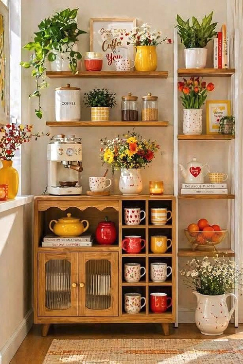 25 Ideas to Organize a Small Kitchen with No Cabinets is by using a wooden console with wall shelves above and beside it.