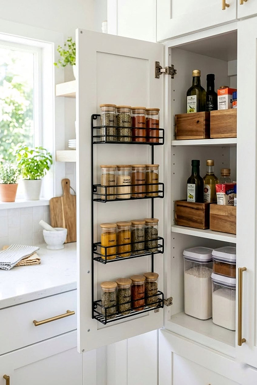 Over the door storage for spices.