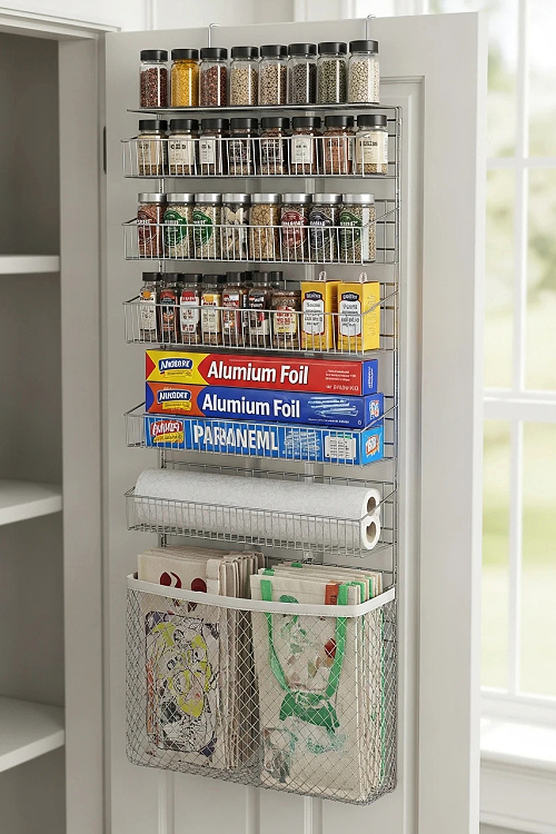 25 Ideas to Organize a Small Kitchen with No Cabinets is to use over the door storage for spices and aluminum foil.