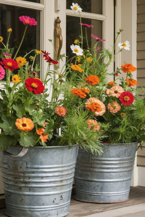 25 Pretty Porch Planters That Boost Curb Appeal include these buckets filled with orange, red, peach, and white flowers.