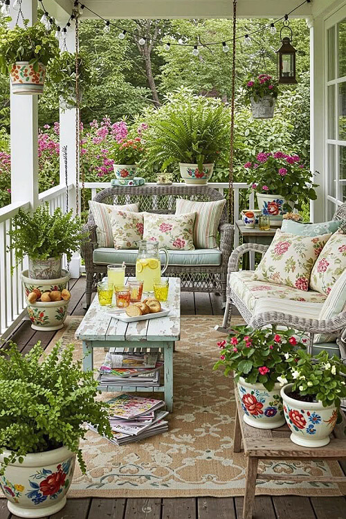 Two wicker settees surrounded with Boston ferns and flowering plants.