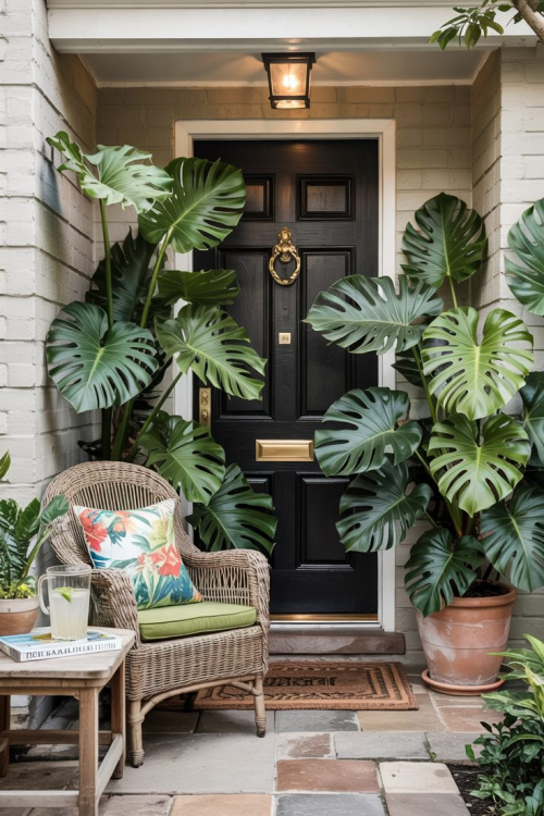 25 Pretty Porch Planters That Boost Curb Appeal include these Monstera house plants.