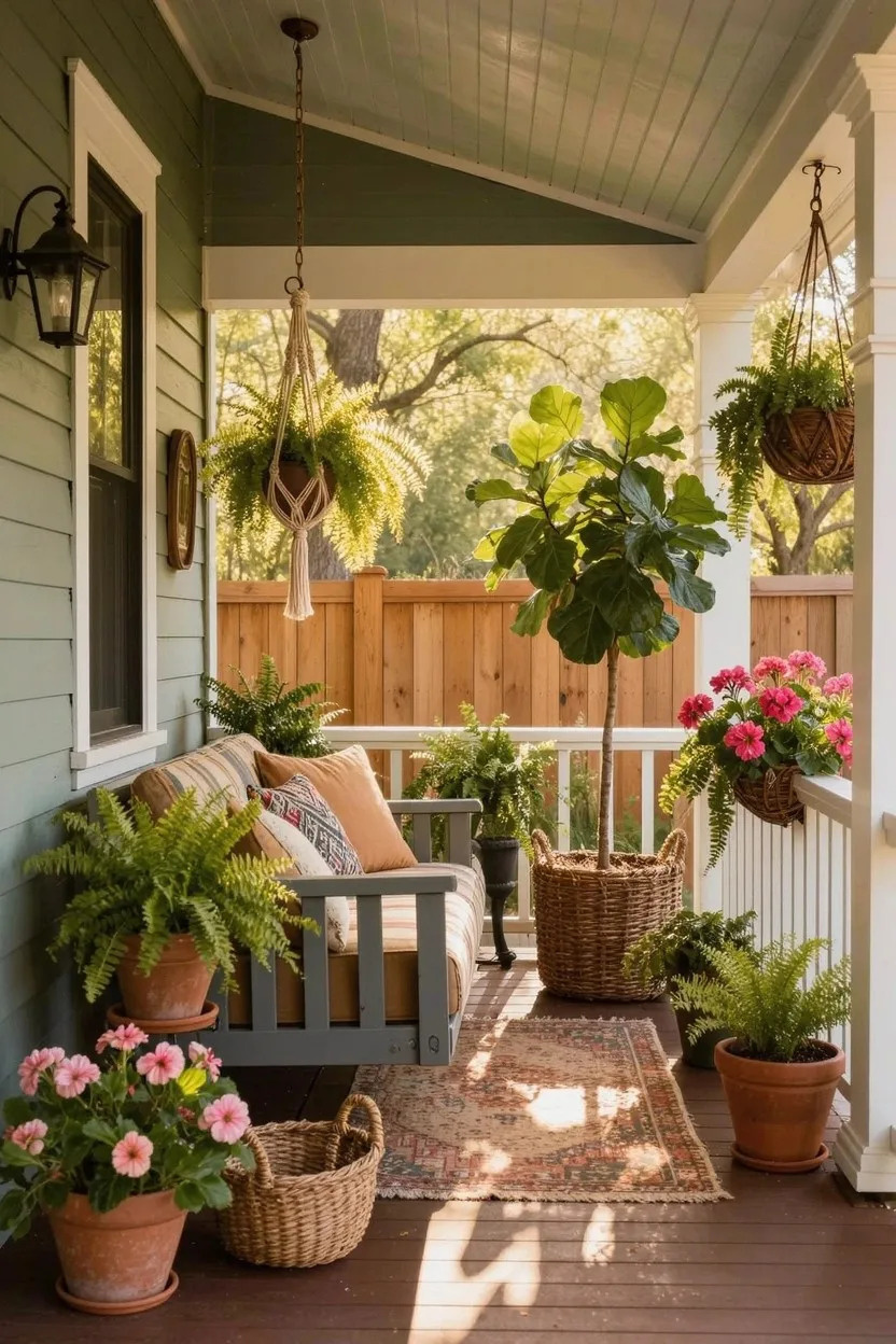 25 Pretty Porch Planters That Boost Curb Appeal include this gray porch couch with a potted fig leaf plant, Boston ferns, and geraniums.