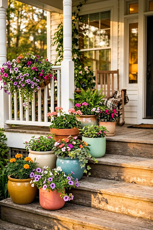 Pretty colorful pots of annuals sitting stair-step fashion on the porch steps.