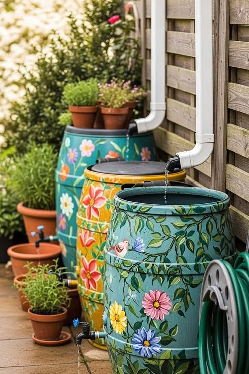 25 Pretty Porch Planters That Boost Curb Appeal include these painted steel drums catching water surrounded by plants.