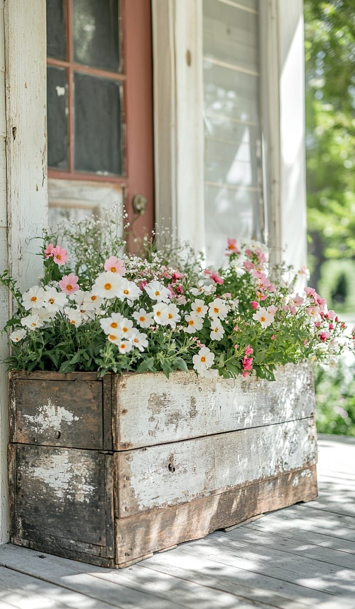 25 Pretty Porch Planters That Boost Curb  Appeal include this old weathered box filled with pink and white flowers.