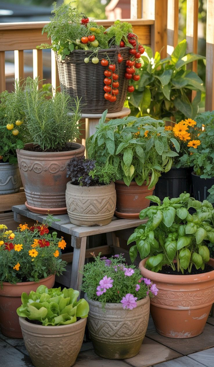 Herbs, flowers, and vegetables in various heights.