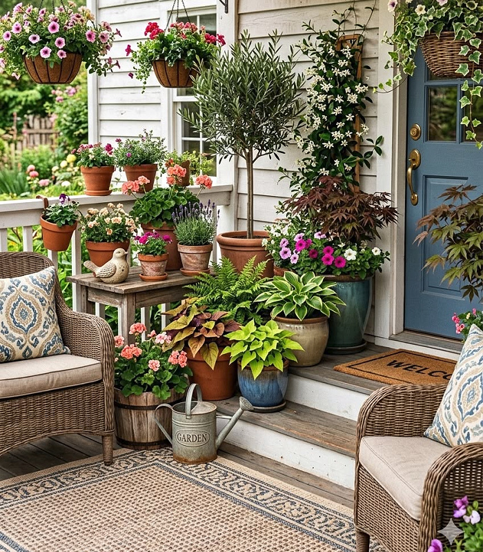 Two brown wicker chairs with hostas, ferns coleus, petunias, ivy, a flower vine, and a topiary plant.