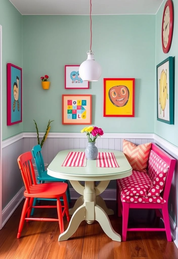 A bright pink bench with polka-dotted cushion. A light green oval table, and an orange and turquoise wooden chairs.