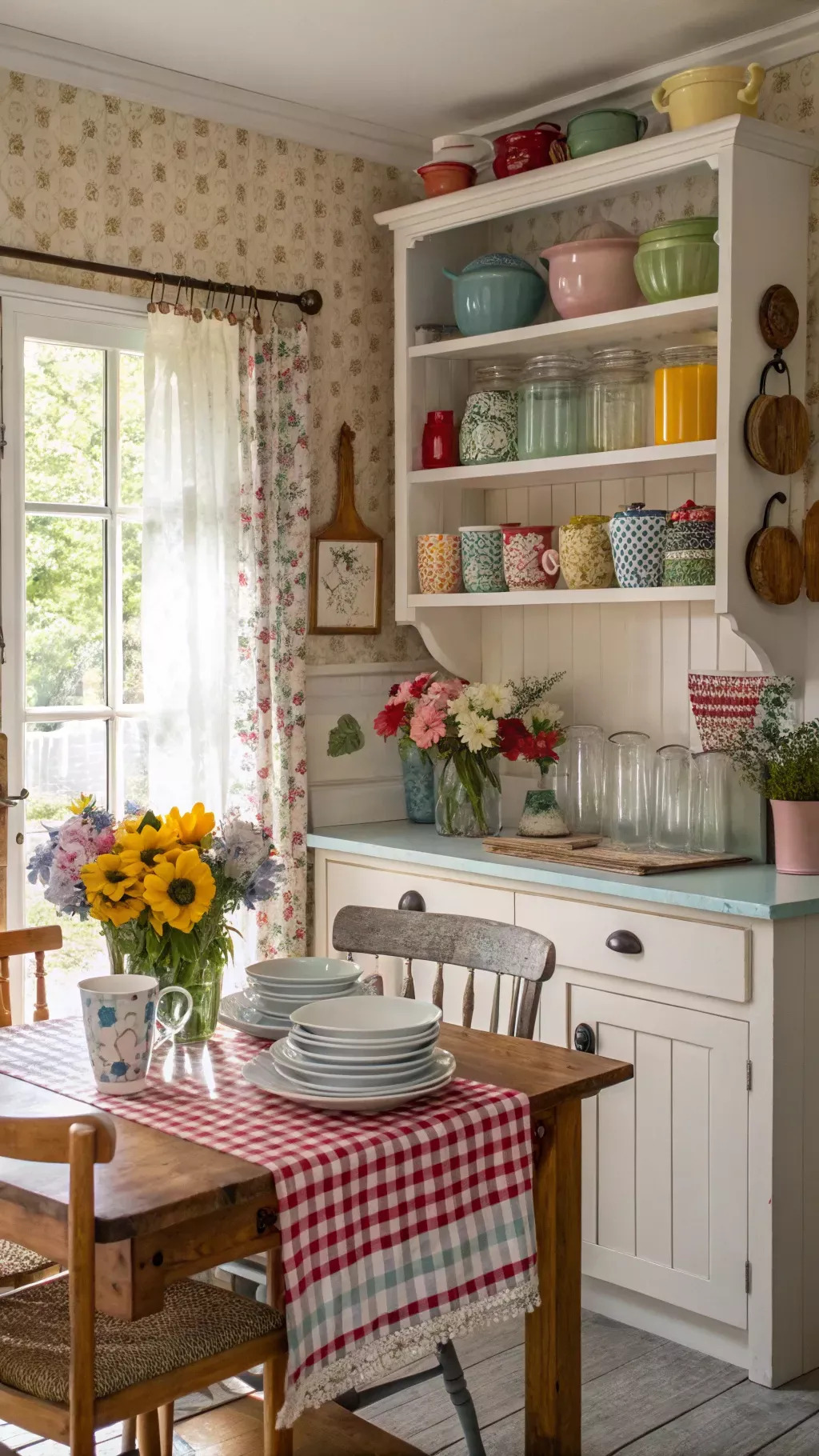 A white wooden cupboard with white shelves above it.