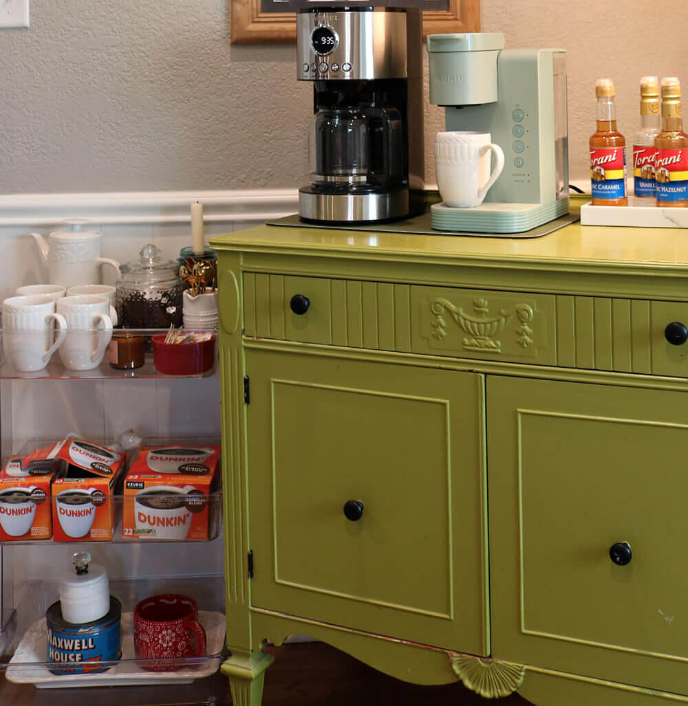 25 clever ways to display coffee mugs includes this coffee bar in my dining room with a clear rolling car next to it with white mugs.