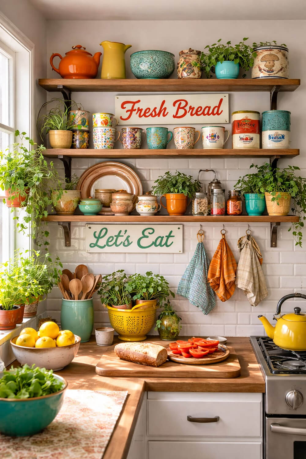 Mounted wood wall shelves with cups and condiments.