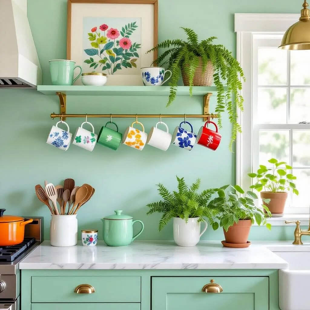 A beautiful vignette of mint green cabinet with cups hanging on the mint green painted wall.