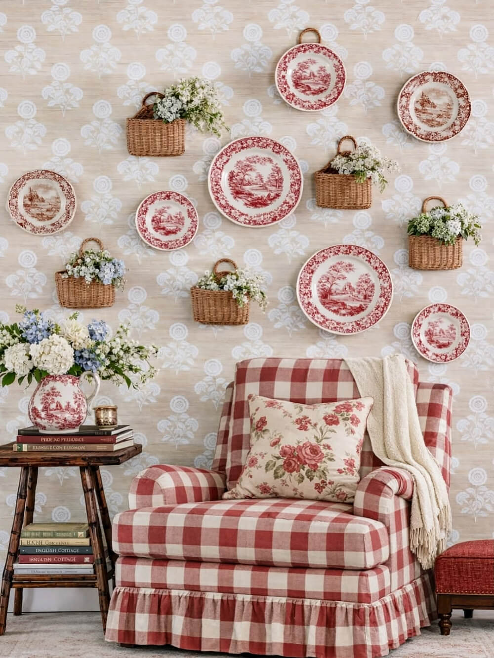 This display has a red and white transferware on beige and white wallpaper. A red and white checked chair sits underneath next to a vintage wooden table with a transferware creamer with hydrangeas.