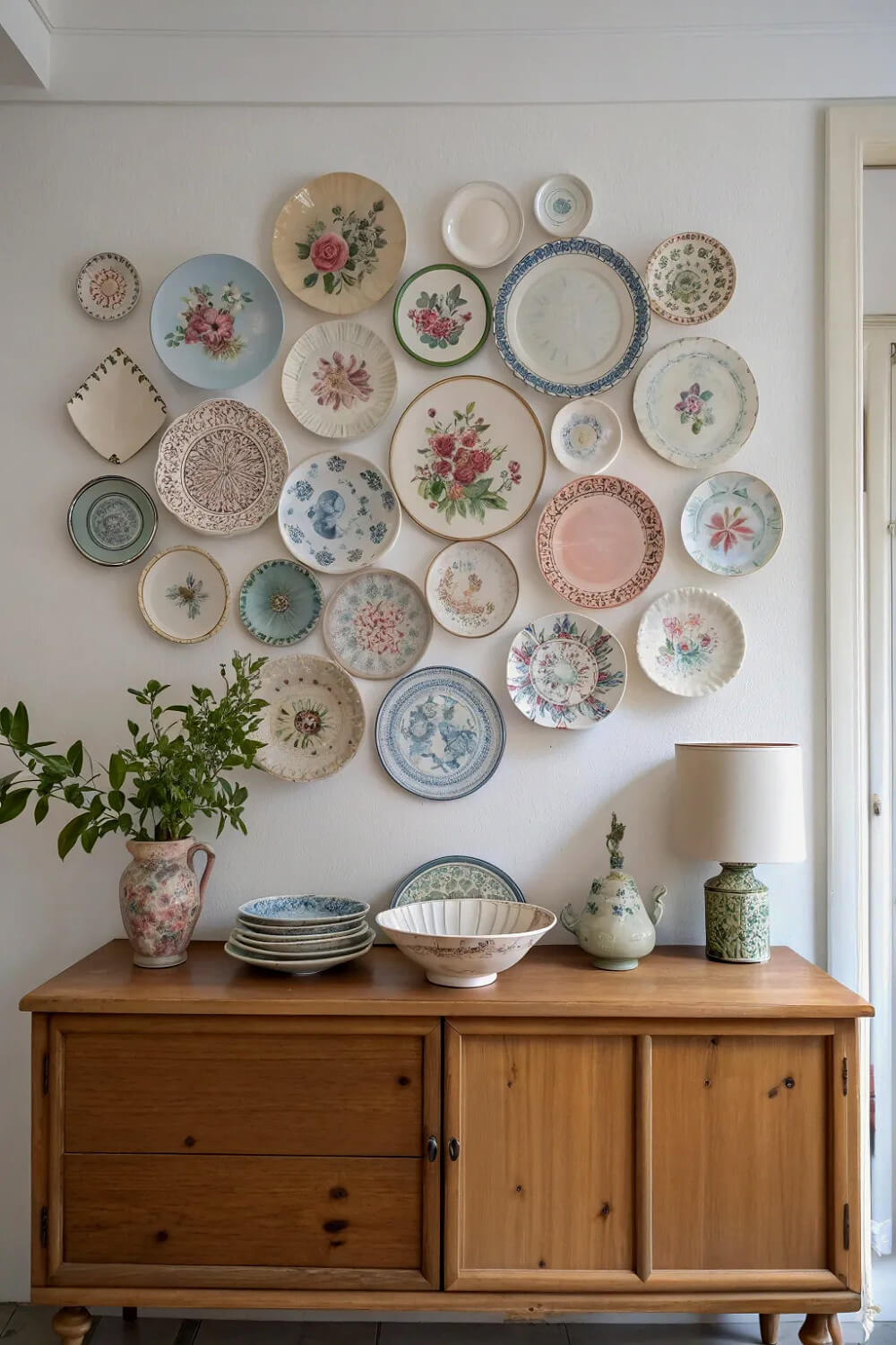 This is an irregular shaped plate wall with blue, pink  and green plates. Underneath on a wooden cupboard is a small green and white lamp, dishes, and a vase of greenery.