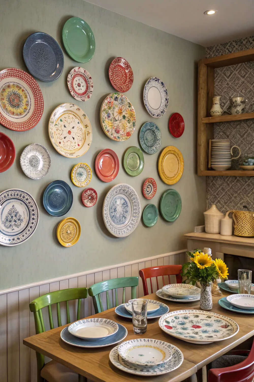 An irregular-shaped plate wall with red, yellow, and green plates. It's next to a shelf with more dishes. And a dining table with a table setting, and red and green chairs.