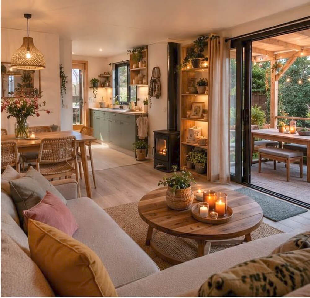 17 Ideas for Stylish Studio Apartments includes this couch with a round wooden coffee table. A rectangular wood dining table is surrounded by boho chairs. A small kitchen is beyond that. A patio with furniture is off the living space.