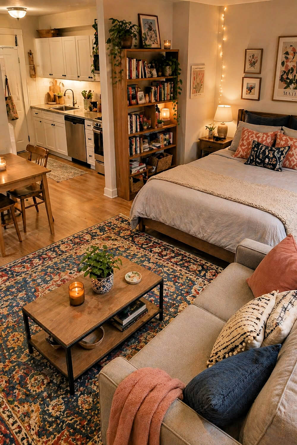 17 Ideas for Stylish Studio Apartments include this wooden bed near a bookcase that divides it from the kitchen and dining area.