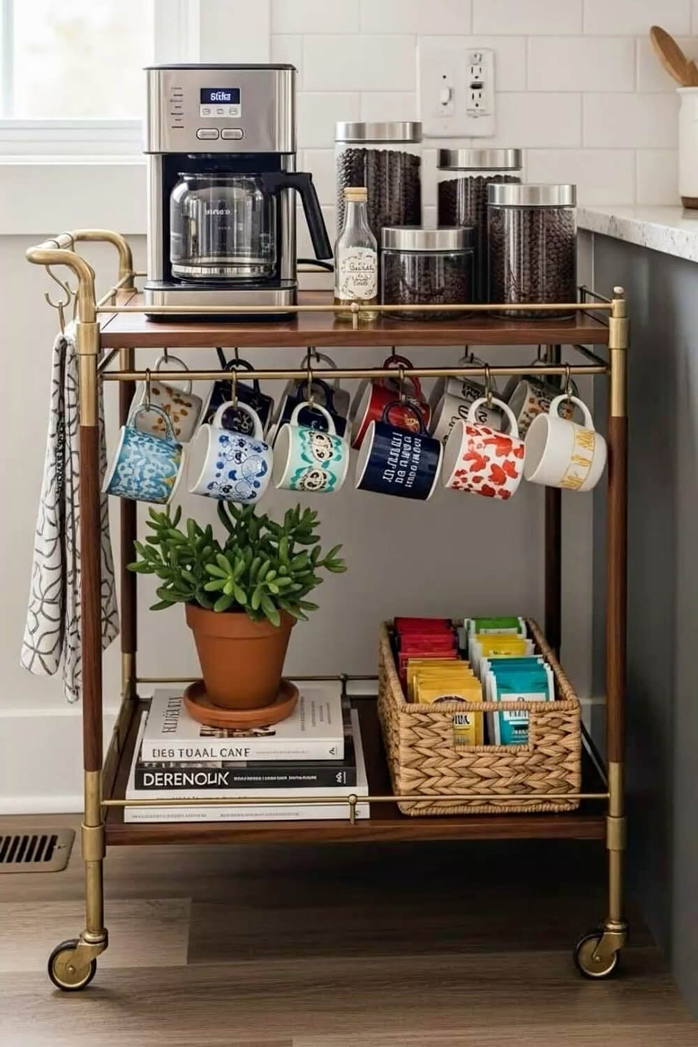 A gold bar cart with coffee and coffee beans on top and mugs hanging below.