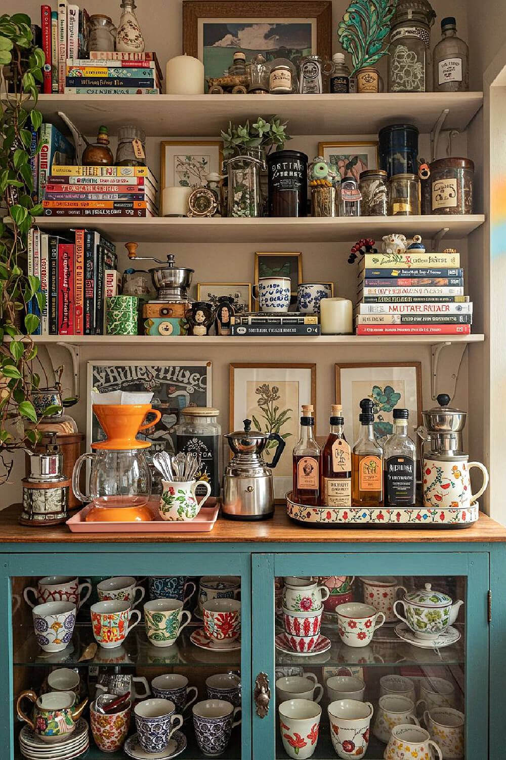 A glass-front cupboard with shelves mounted on the wall overhead. Mugs are on glass shelves inside the cupboard.
