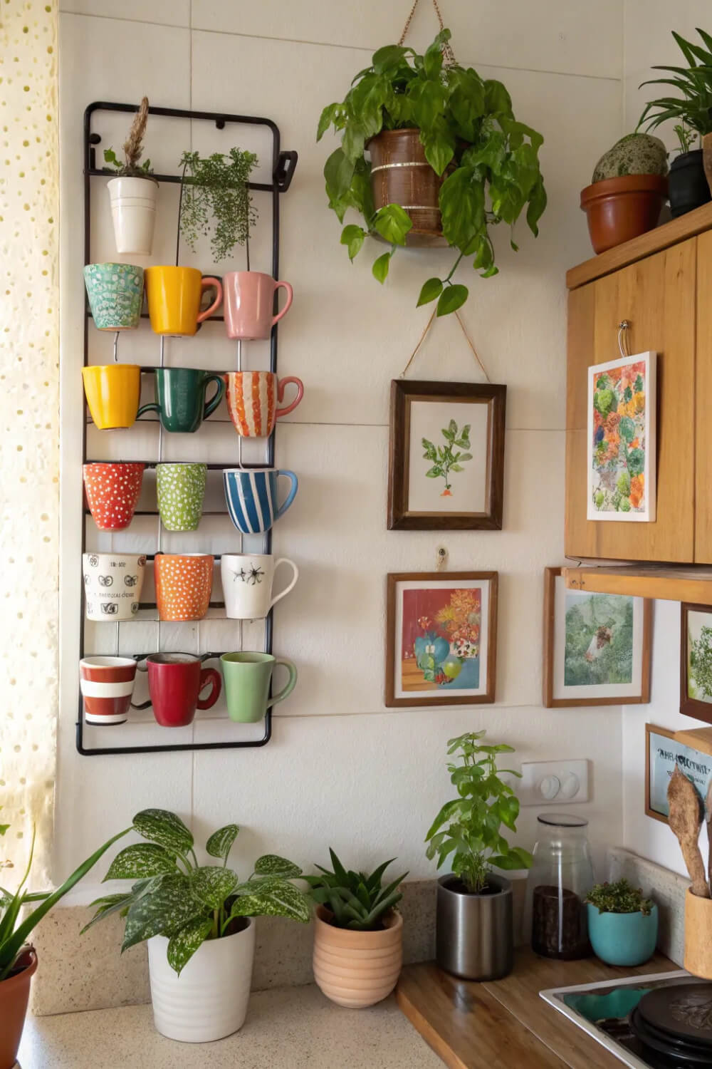 25 clever ways to display coffee mugs include this metal rack hanging on the wall.