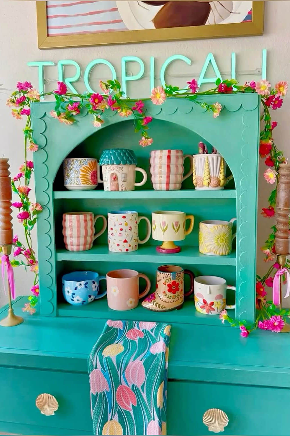 25 clever ways to display coffee mugs includes this brightly colored shelf.
